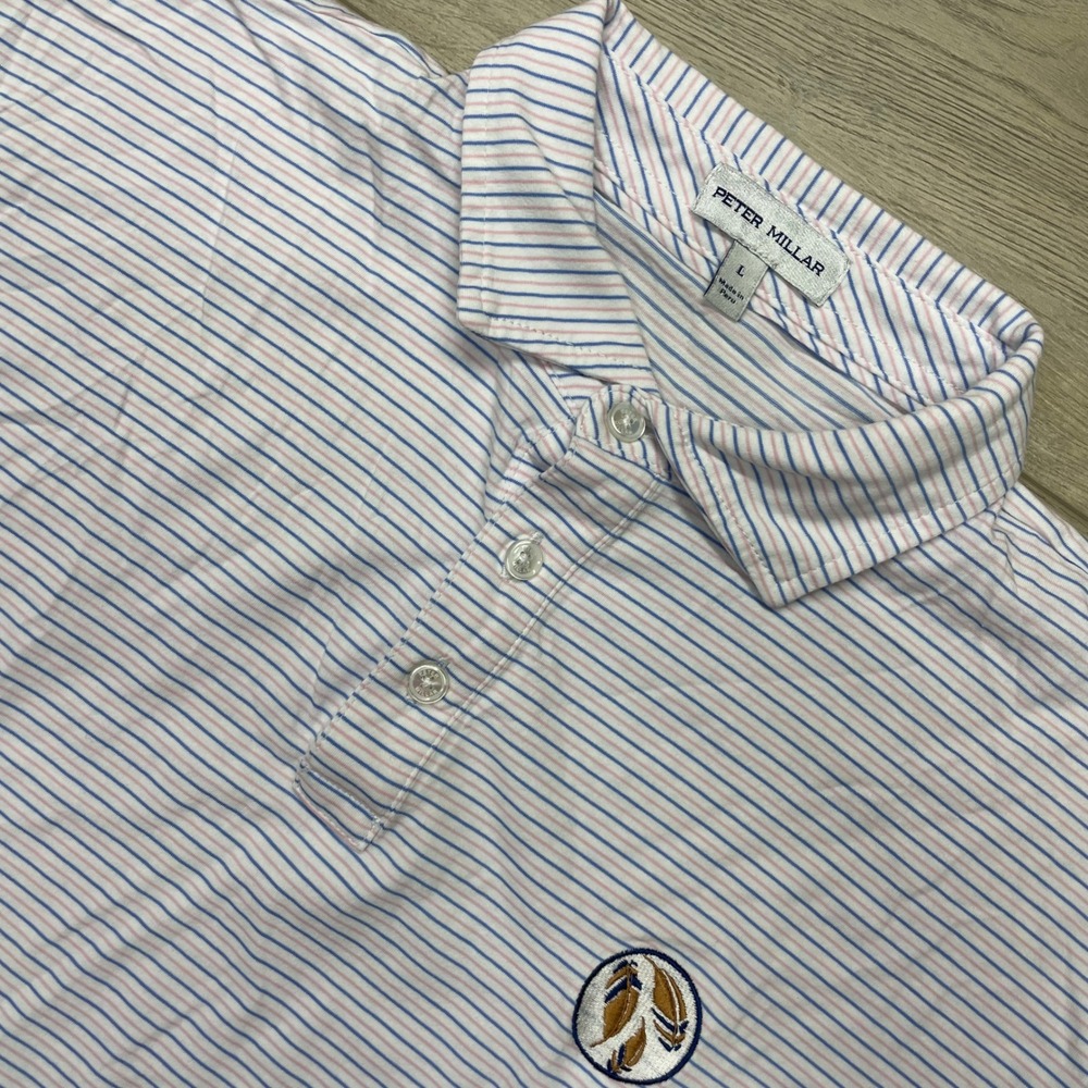 Peter Millar Polo Shirt Mens L White Pink Blue Striped Pima Cotton MS24K51